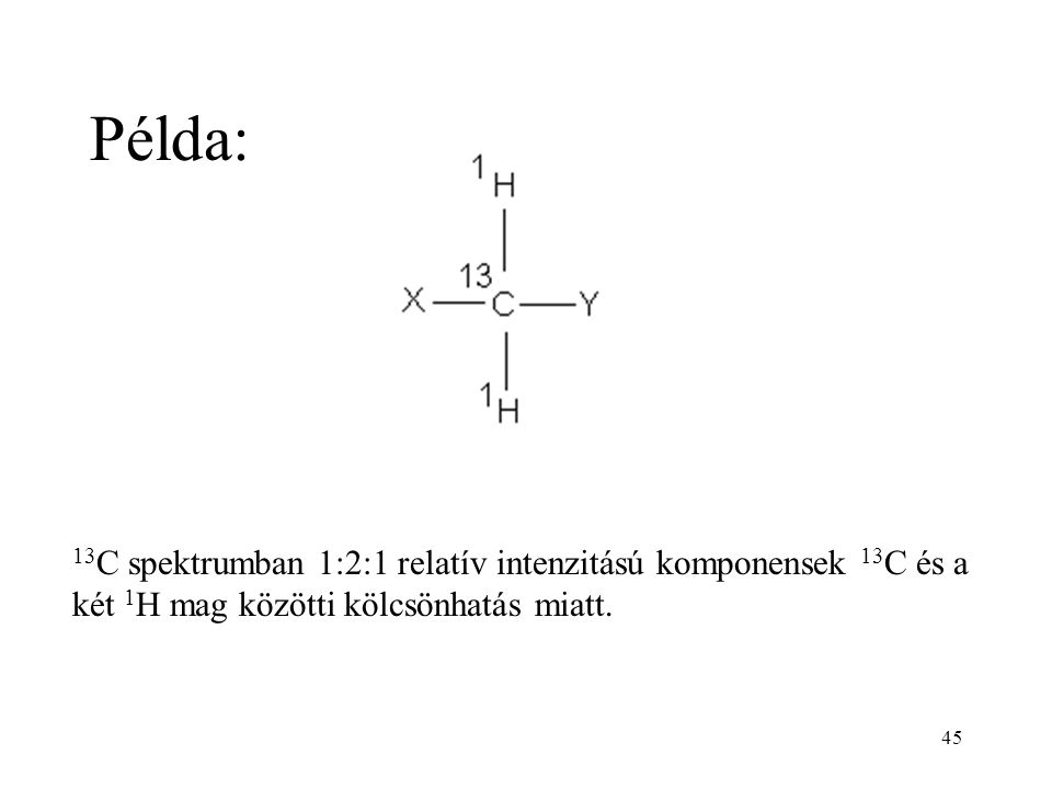 45 Példa: 13 C spektrumban 1:2:1 relatív intenzitású komponensek 13 C és a két 1 H mag közötti kölcsönhatás miatt.