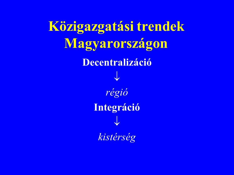 Közigazgatási trendek Magyarországon Decentralizáció  régió Integráció  kistérség