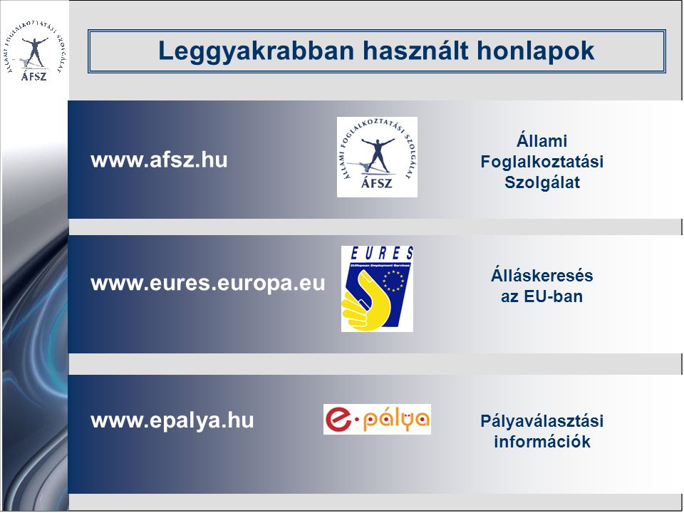 Állami Foglalkoztatási Szolgálat Álláskeresés az EU-ban Pályaválasztási információk Leggyakrabban használt honlapok