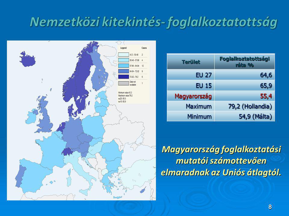 8Terület Foglalkoztatottsági ráta % EU 27 64,6 EU 15 65,9 Magyarország55,4 Maximum 79,2 (Hollandia) Minimum 54,9 (Málta) Magyarország foglalkoztatási mutatói számottevően elmaradnak az Uniós átlagtól.
