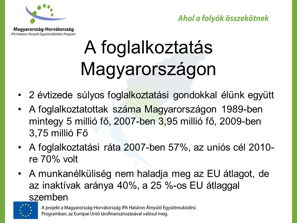 A foglalkoztatás Magyarországon 2 évtizede súlyos foglalkoztatási gondokkal élünk együtt A foglalkoztatottak száma Magyarországon 1989-ben mintegy 5 millió fő, 2007-ben 3,95 millió fő, 2009-ben 3,75 millió Fő A foglalkoztatási ráta 2007-ben 57%, az uniós cél re 70% volt A munkanélküliség nem haladja meg az EU átlagot, de az inaktívak aránya 40%, a 25 %-os EU átlaggal szemben