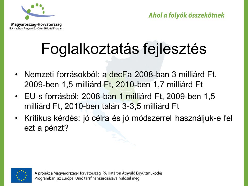 Foglalkoztatás fejlesztés Nemzeti forrásokból: a decFa 2008-ban 3 milliárd Ft, 2009-ben 1,5 milliárd Ft, 2010-ben 1,7 milliárd Ft EU-s forrásból: 2008-ban 1 milliárd Ft, 2009-ben 1,5 milliárd Ft, 2010-ben talán 3-3,5 milliárd Ft Kritikus kérdés: jó célra és jó módszerrel használjuk-e fel ezt a pénzt