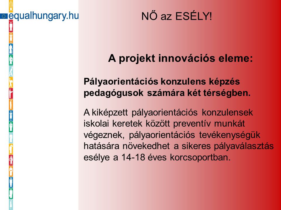 A projekt innovációs eleme: Pályaorientációs konzulens képzés pedagógusok számára két térségben.