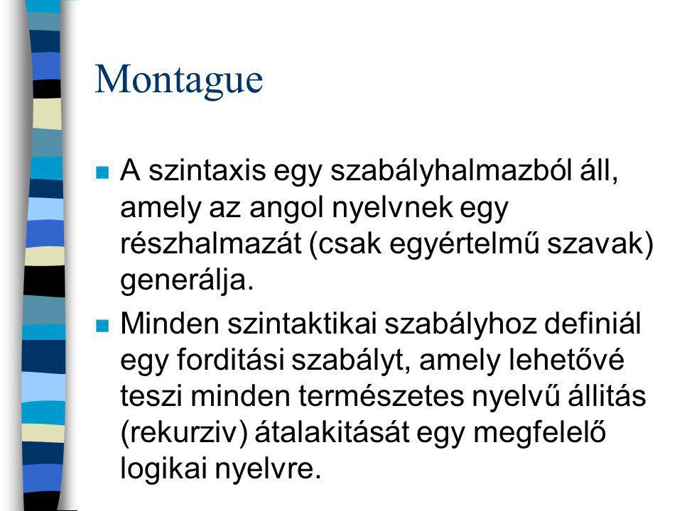 Montague n A szintaxis egy szabályhalmazból áll, amely az angol nyelvnek egy részhalmazát (csak egyértelmű szavak) generálja.