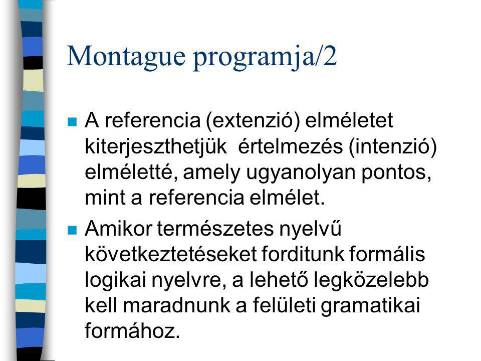 Montague programja/2 n A referencia (extenzió) elméletet kiterjeszthetjük értelmezés (intenzió) elméletté, amely ugyanolyan pontos, mint a referencia elmélet.