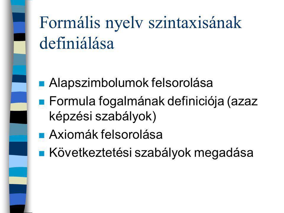 Formális nyelv szintaxisának definiálása n Alapszimbolumok felsorolása n Formula fogalmának definiciója (azaz képzési szabályok) n Axiomák felsorolása n Következtetési szabályok megadása
