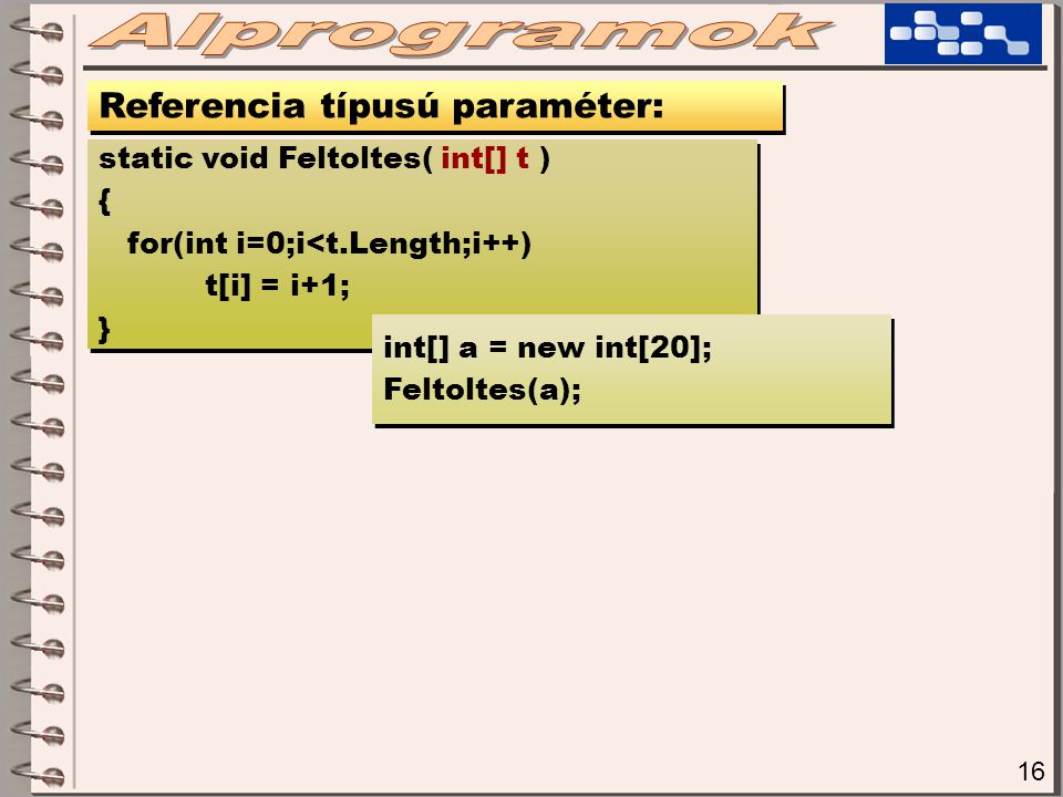 16 Referencia típusú paraméter: static void Feltoltes( int[] t ) { for(int i=0;i<t.Length;i++) t[i] = i+1; } static void Feltoltes( int[] t ) { for(int i=0;i<t.Length;i++) t[i] = i+1; } int[] a = new int[20]; Feltoltes(a); int[] a = new int[20]; Feltoltes(a);