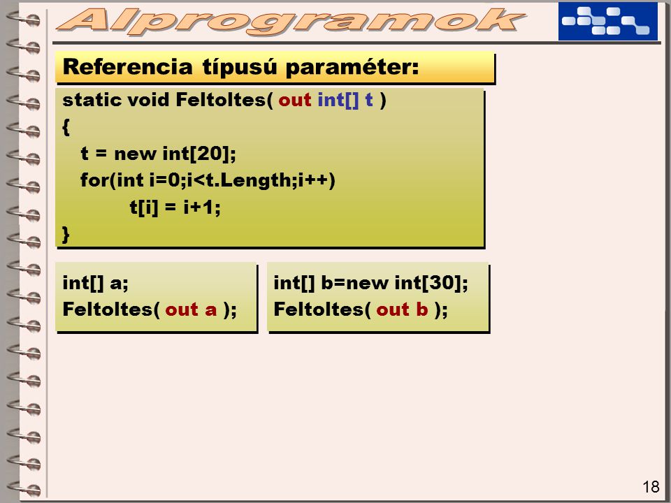 18 Referencia típusú paraméter: static void Feltoltes( out int[] t ) { t = new int[20]; for(int i=0;i<t.Length;i++) t[i] = i+1; } static void Feltoltes( out int[] t ) { t = new int[20]; for(int i=0;i<t.Length;i++) t[i] = i+1; } int[] a; Feltoltes( out a ); int[] a; Feltoltes( out a ); int[] b=new int[30]; Feltoltes( out b ); int[] b=new int[30]; Feltoltes( out b );