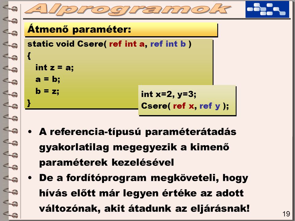19 Átmenő paraméter: static void Csere( ref int a, ref int b ) { int z = a; a = b; b = z; } static void Csere( ref int a, ref int b ) { int z = a; a = b; b = z; } int x=2, y=3; Csere( ref x, ref y ); int x=2, y=3; Csere( ref x, ref y ); A referencia-típusú paraméterátadás gyakorlatilag megegyezik a kimenő paraméterek kezelésével De a fordítóprogram megköveteli, hogy hívás előtt már legyen értéke az adott változónak, akit átadunk az eljárásnak!