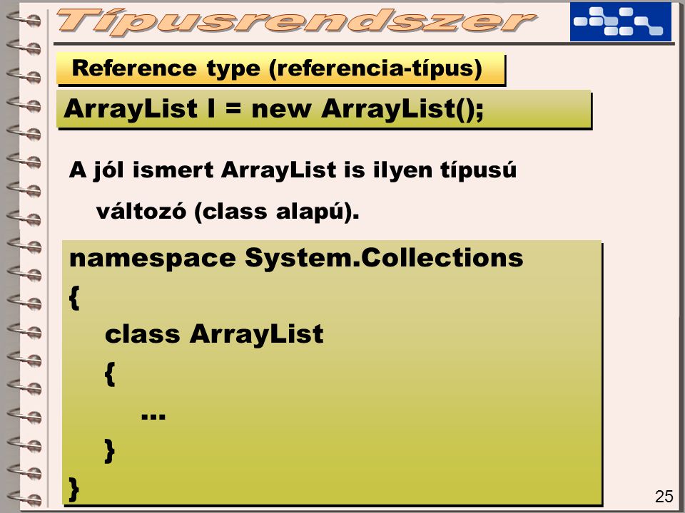 25 Reference type (referencia-típus) ArrayList l = new ArrayList(); A jól ismert ArrayList is ilyen típusú változó (class alapú).
