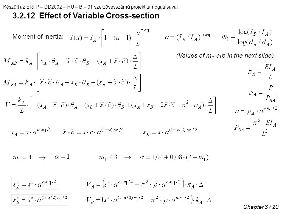 Készült az ERFP – DD2002 – HU – B – 01 szerzősésszámú projekt támogatásával Chapter 3 / Effect of Variable Cross-section Moment of inertia: (Values of m 1 are in the next slide)