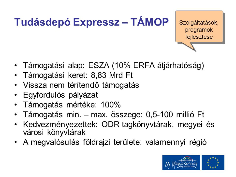 Tudásdepó Expressz – TÁMOP Támogatási alap: ESZA (10% ERFA átjárhatóság) Támogatási keret: 8,83 Mrd Ft Vissza nem térítendő támogatás Egyfordulós pályázat Támogatás mértéke: 100% Támogatás min.